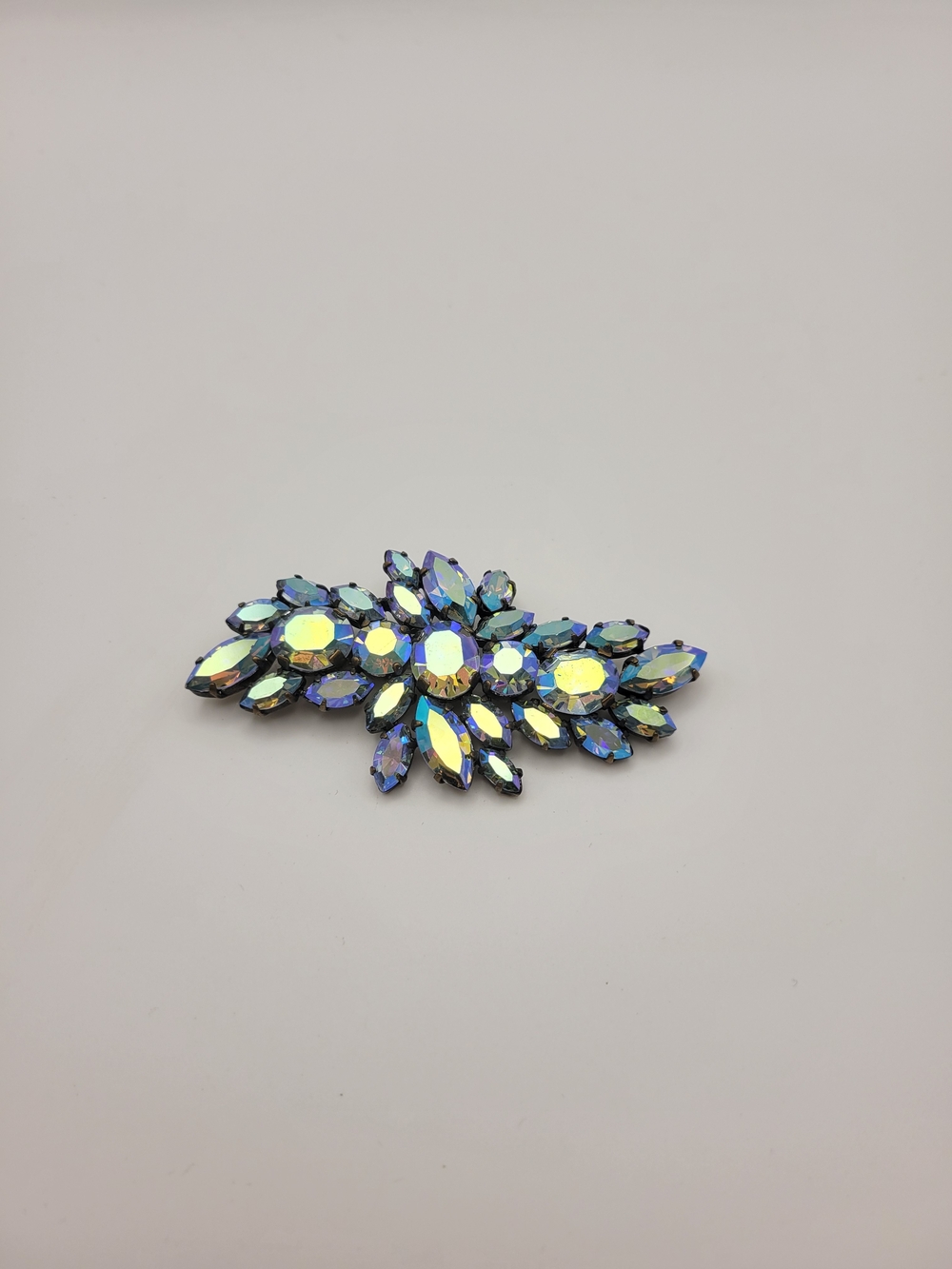 Vintage Made in Austria Iridescent Blue Crystal Floral Brooch